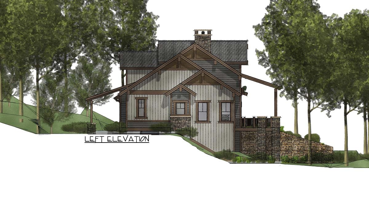 Left elevation house plan featuring a stone foundation, covered porch, gables, and wood siding. Two stories are visible.