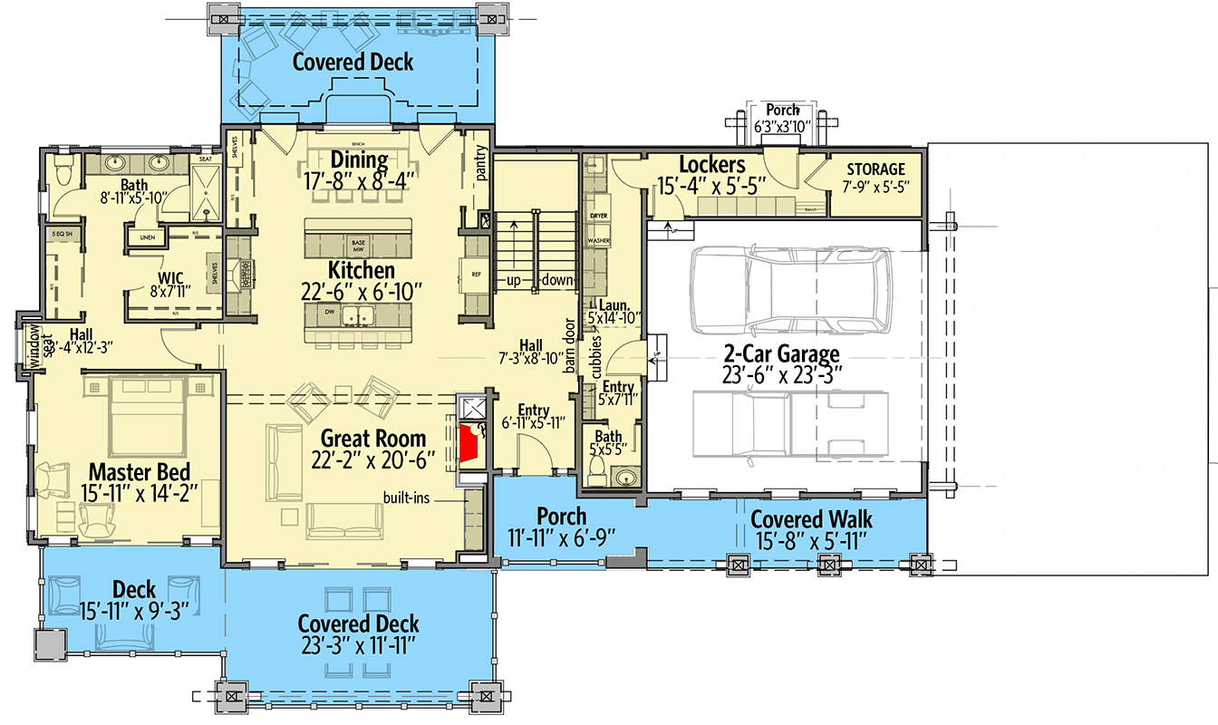 Plan 64459SC: Rugged Craftsman Retreat Ideal For A Front Sloping Lot - 2357 Sq Ft - Floor Plan - Main Level - Craftsman, Mountain, New American, Rustic, Vacation