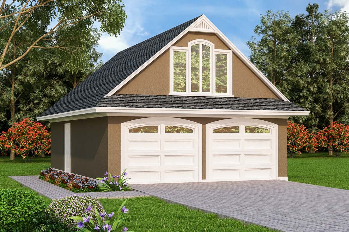House plan exterior with two-car garage. Features include a gable roof, decorative window, and two arched garage doors.