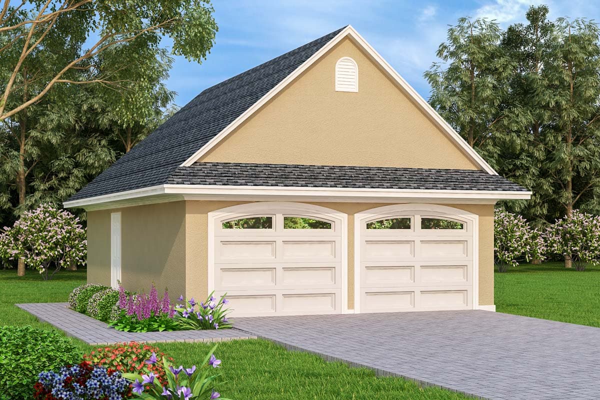 House plan exterior, one story, featuring a gable roof, arched garage door openings, and a decorative vent in the gable.