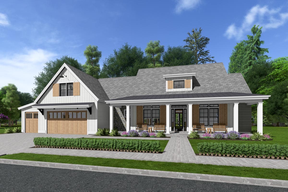 House plan exterior. Modern farmhouse style with a single story, front porch with columns, gabled roof, and attached garage.