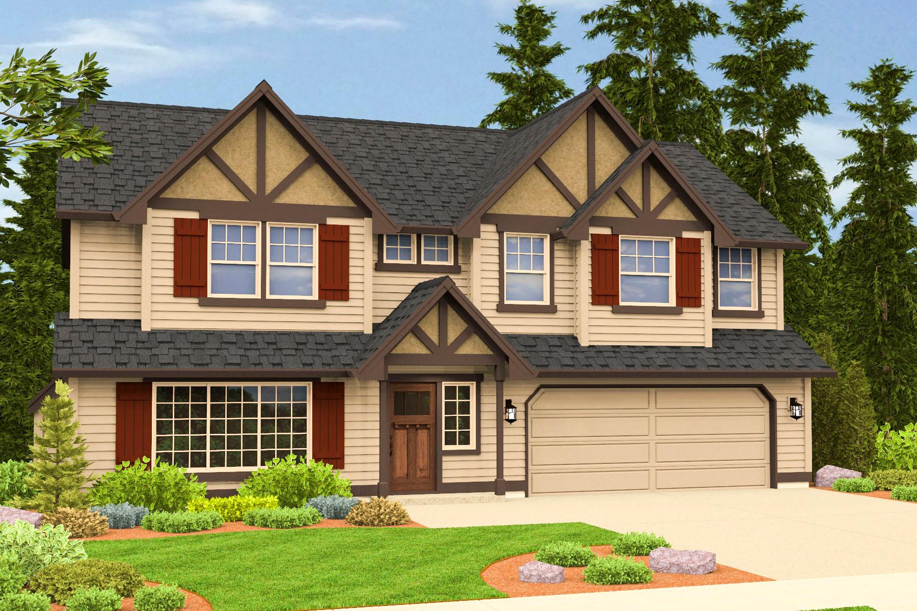 House plan exterior featuring a two-story Craftsman style home with multiple gables, shuttered windows, and an attached two-car garage.