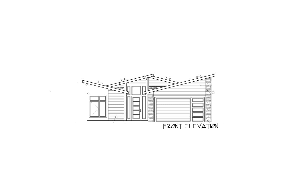 Front elevation drawing of a modern house plan with a multi-pitched roof, horizontal siding, stone accents, and a two-car garage.