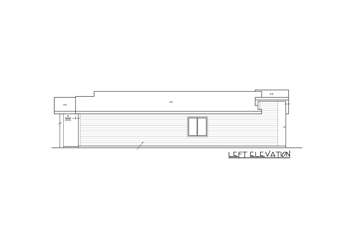 Left elevation drawing of a house plan showing a stepped roofline, horizontal siding, and one window.