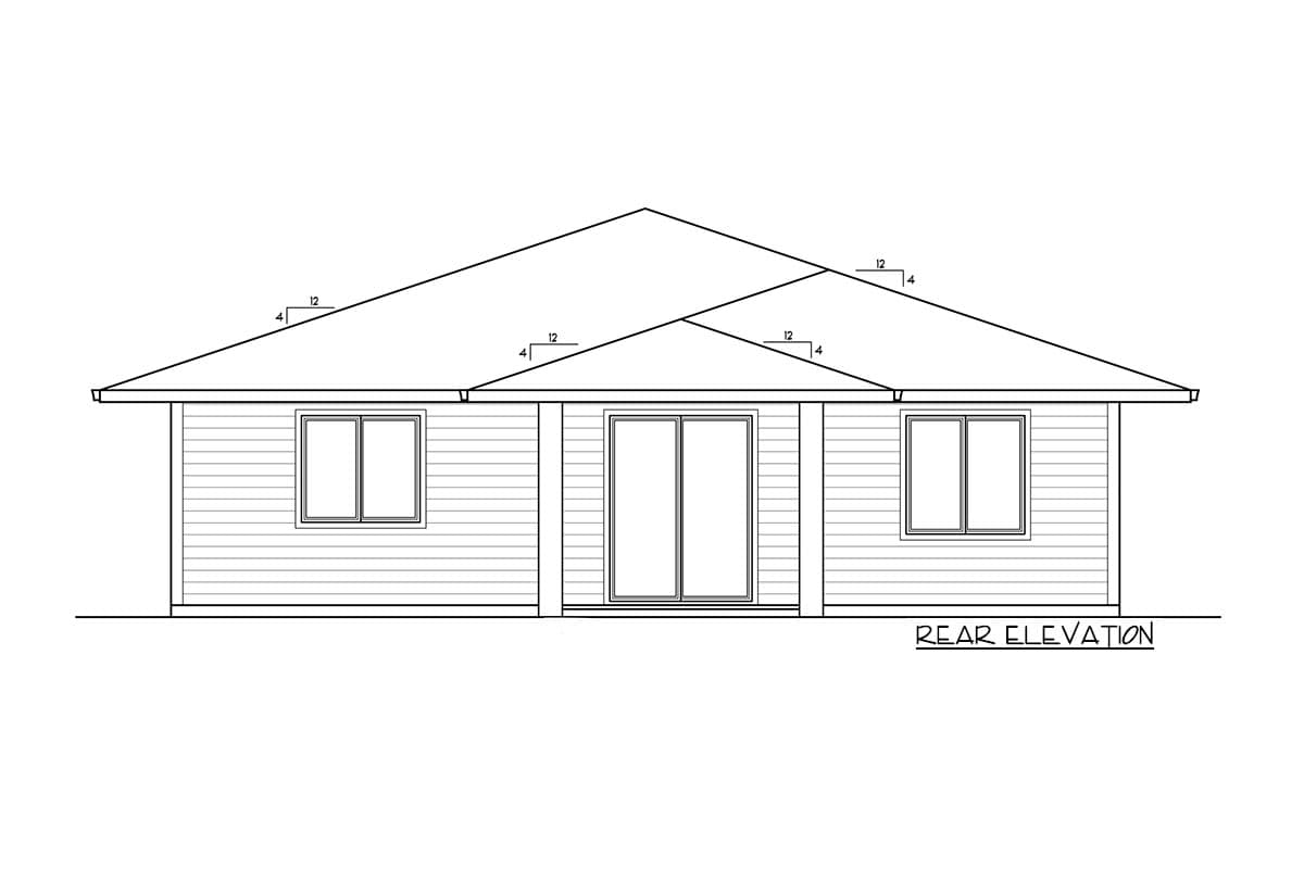 Rear elevation drawing of a single-story house with horizontal siding, two windows, and double glass doors.