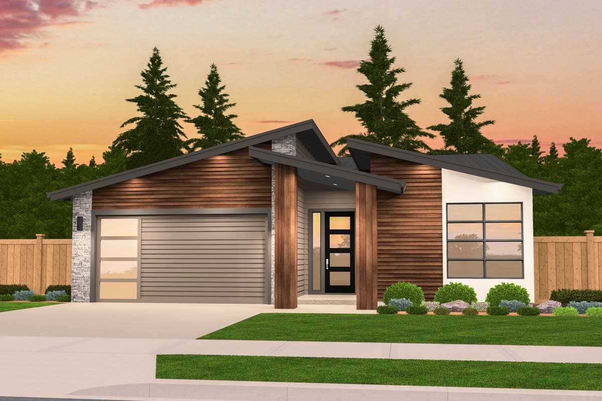 House plan exterior. Modern style with low-slope roof, wood siding, stone accents, and glass-paneled garage door. One story.