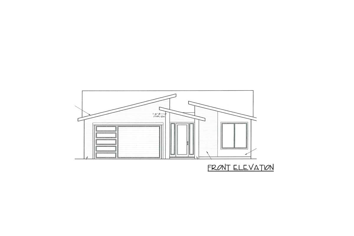 Front elevation drawing of a single-story house with a multi-panel garage door, glass-paneled front door, and asymmetric rooflines.
