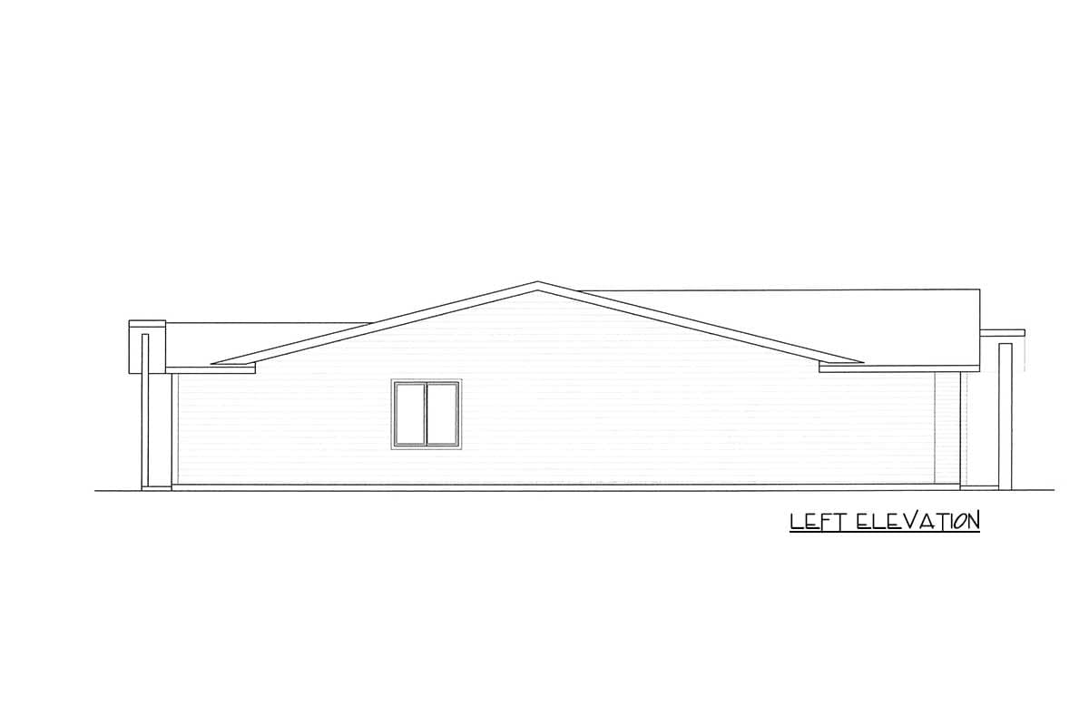 Left elevation drawing of a house plan with a gable roof and a single window.