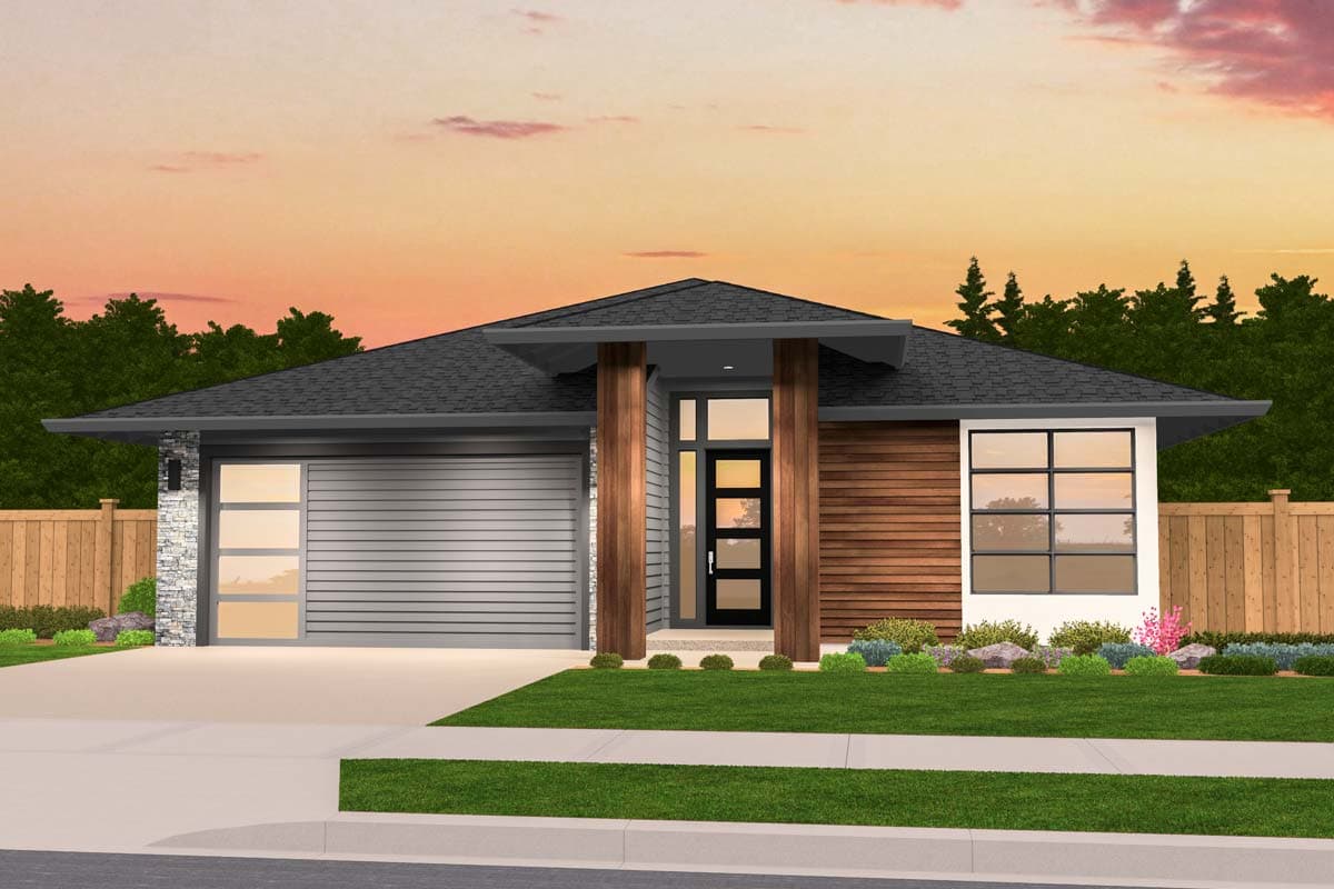 Modern house plan exterior with a single story, gabled roof, wood siding, stone accents, and a detached garage.