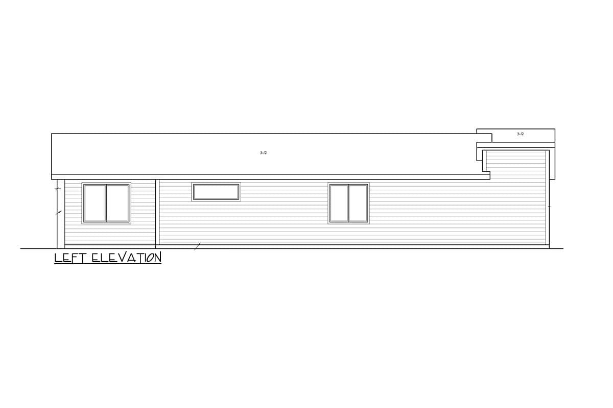 Left elevation drawing of a house plan featuring horizontal siding, three windows, and a multi-level roofline.