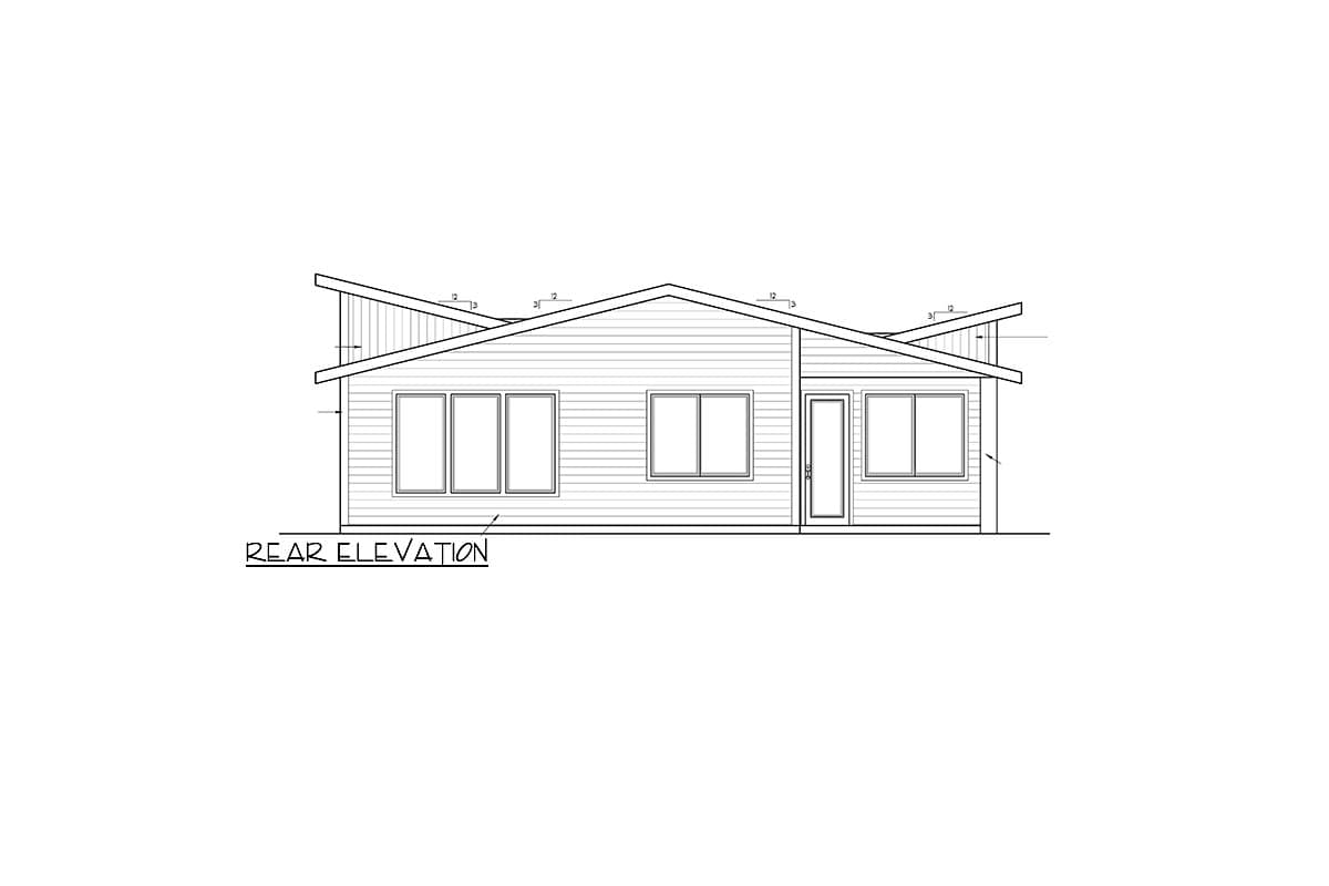 Rear elevation drawing of a single-story house with horizontal siding and a multi-pitched roof.