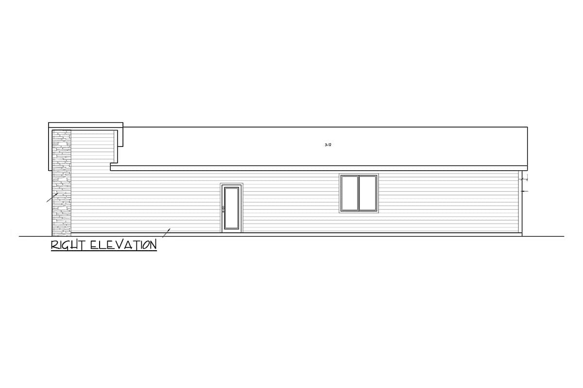 Right elevation drawing of a house plan with a stone accent wall, single door, and double-pane window.