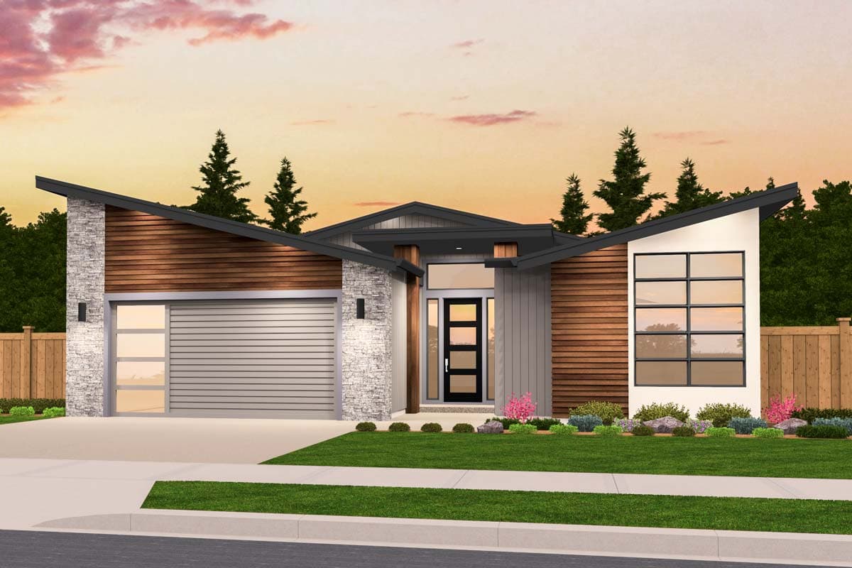 Modern house plan exterior with asymmetrical rooflines, wood and stone siding, and a two-car garage.