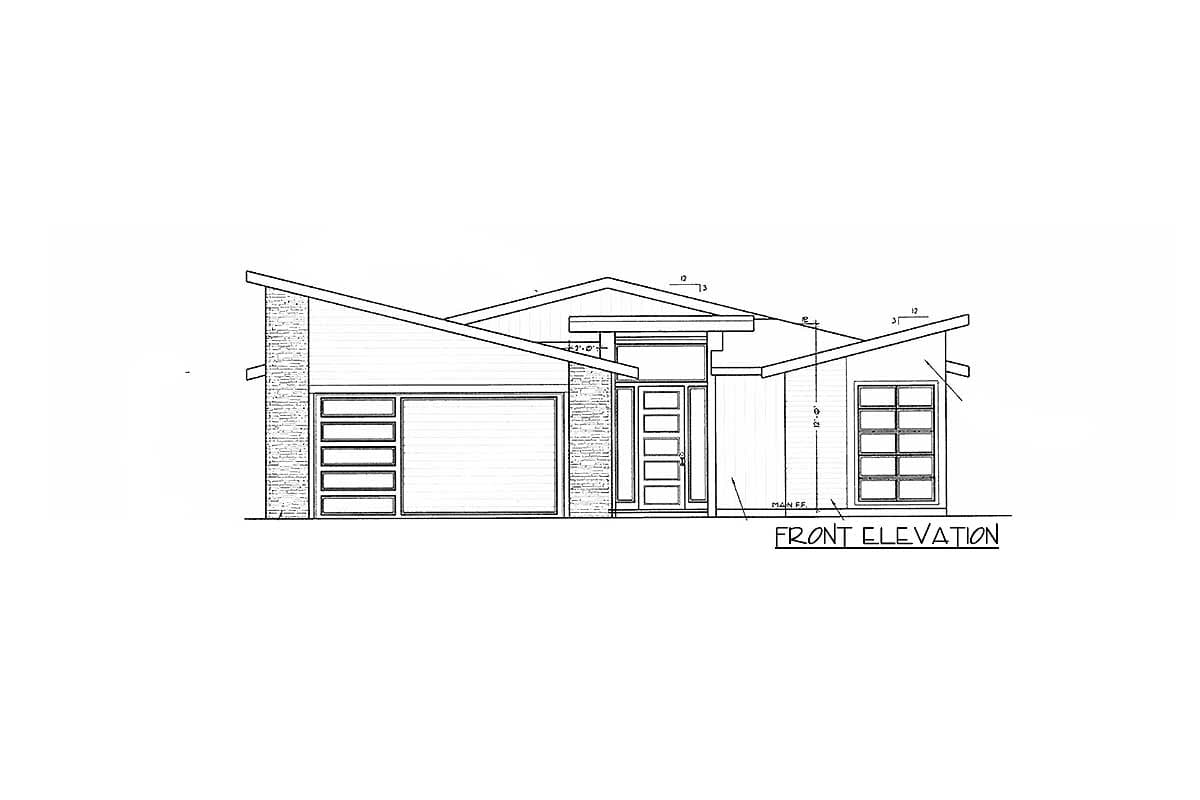 Front elevation drawing of a modern house plan with a single-car garage, prominent entry, and asymmetrical rooflines.