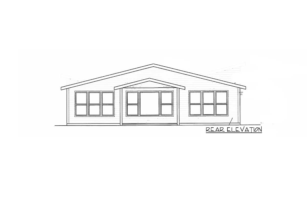 Rear elevation drawing of a single-story house plan with a gable roof and three window groupings.