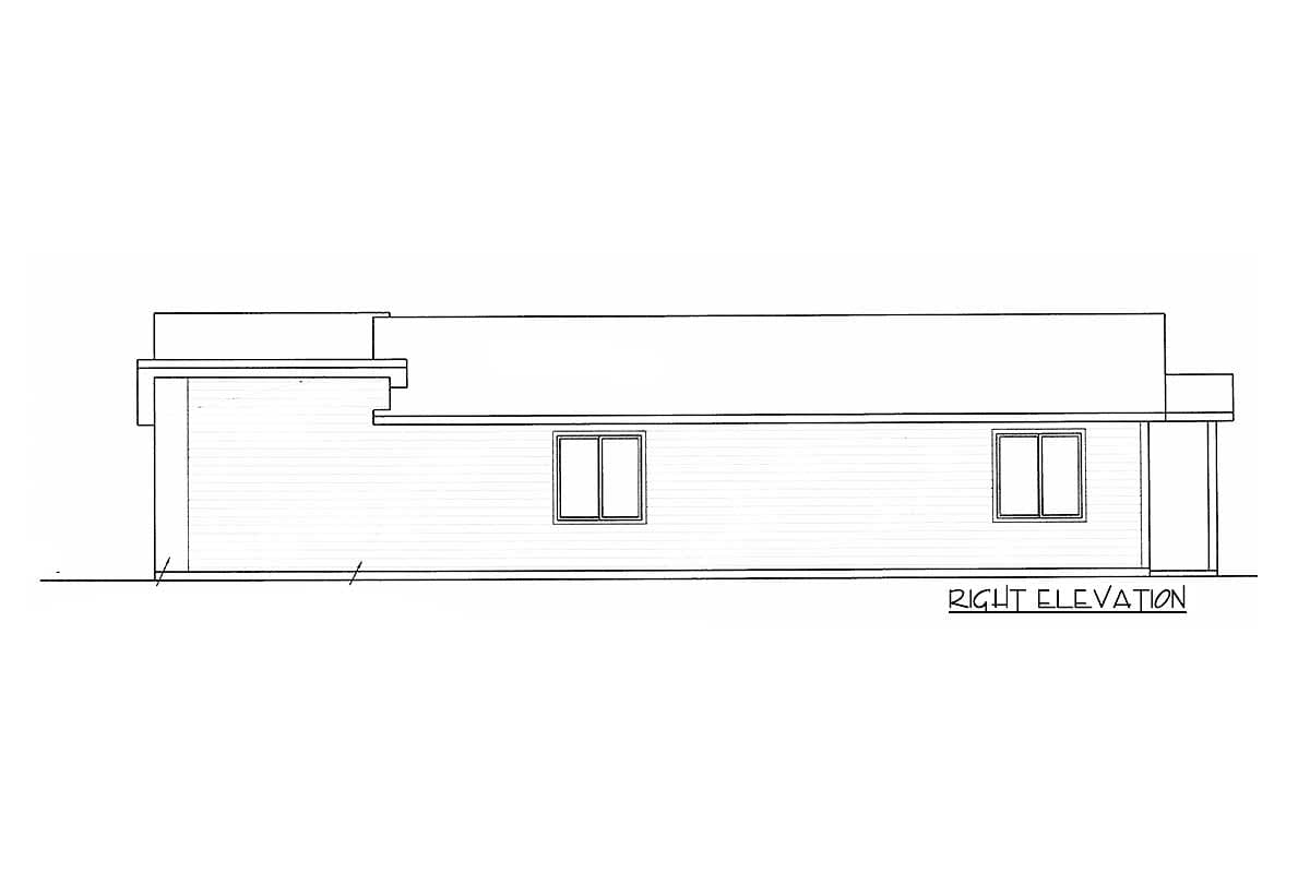Floor plan drawing, right elevation view, showing a single-story structure with two windows and a covered porch.
