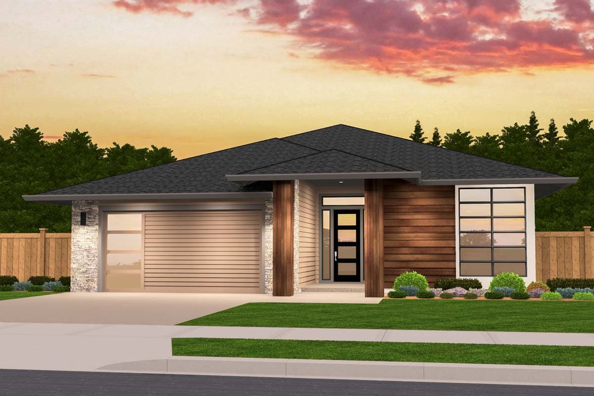 House plan exterior with a modern design. Features include a single story, flat roof, wood siding, and a garage with a glass door.