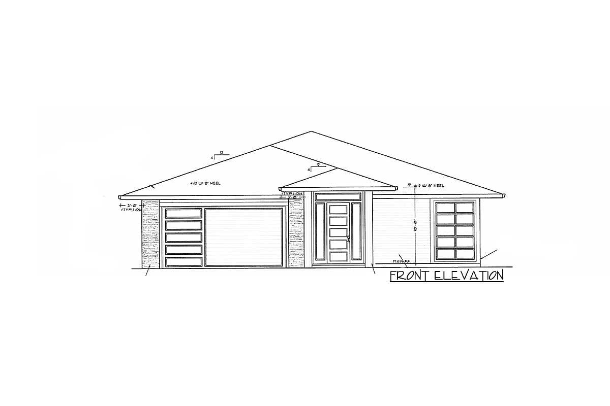 Front elevation drawing of a house plan with a two-car garage, centered entry with sidelights, and multiple windows.