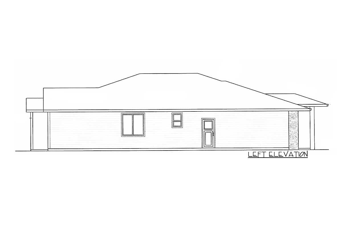 Left elevation drawing of a single-story house plan with a hip roof, two windows, and one door.