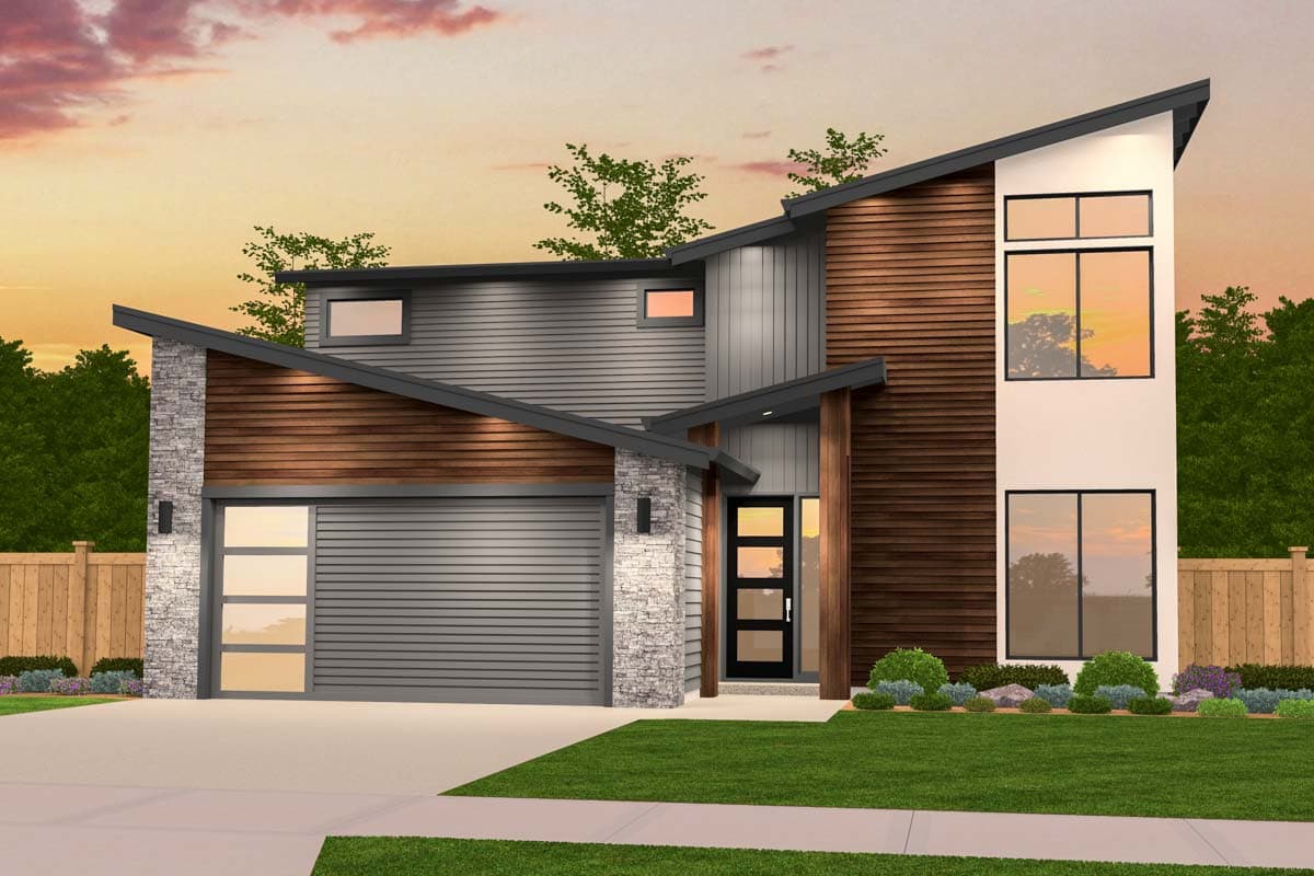 House plan exterior. Modern style, two-story home. Features include a side-entry garage, sloped rooflines, and a wood-paneled accent wall.