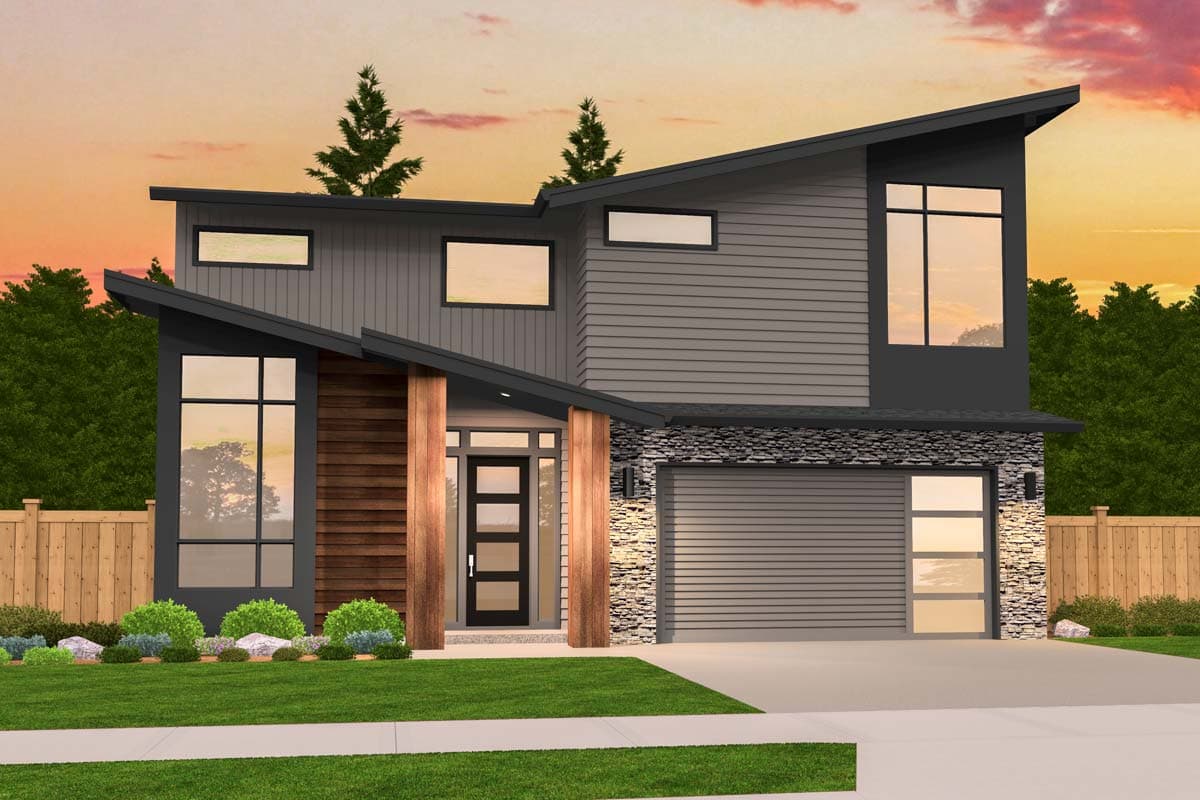 House plan exterior. Modern style, two stories. Features include a shed roof, a wood-clad entry, and a garage with stone veneer accents.