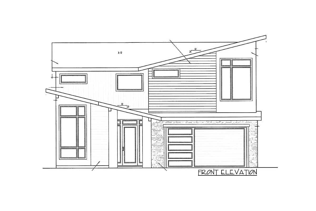 Front elevation drawing of a two-story house plan with a sloped roof, horizontal siding, large windows, and a two-car garage.