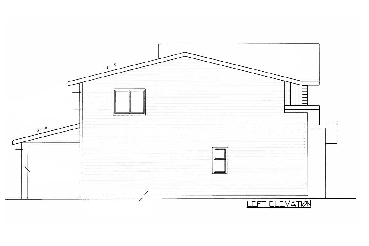 Left elevation drawing of a two-story house plan with a covered porch, gabled roof, and horizontal siding.