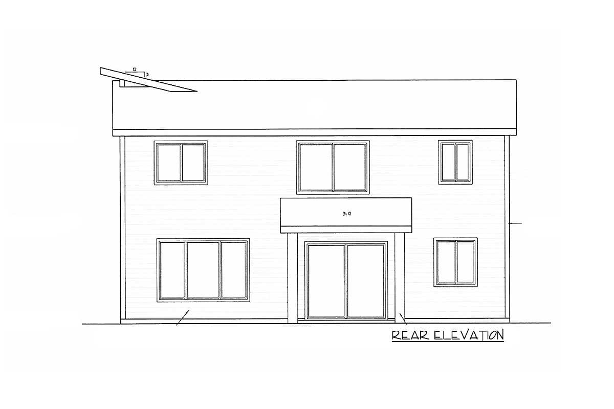 Rear elevation drawing of a two-story house plan with multiple windows and a covered patio entrance.