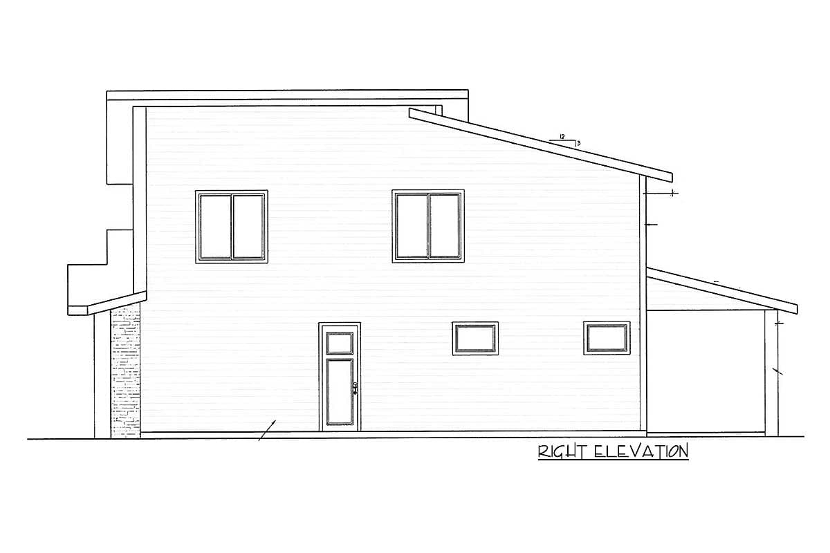 Floor plan drawing, right elevation view showing a two-story house with a sloped roof, two upper windows, a door, and three lower windows.