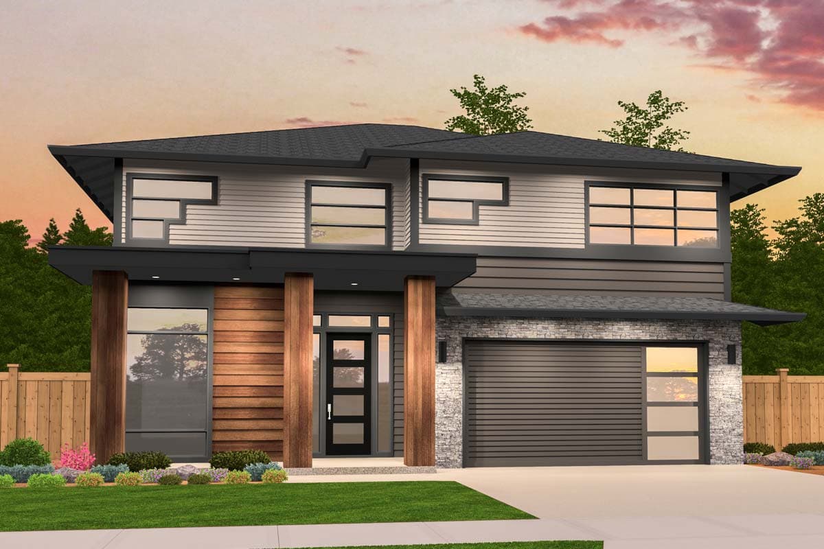 Modern two-story house plan exterior with stacked stone, wood siding, horizontal garage door, and geometric window designs.