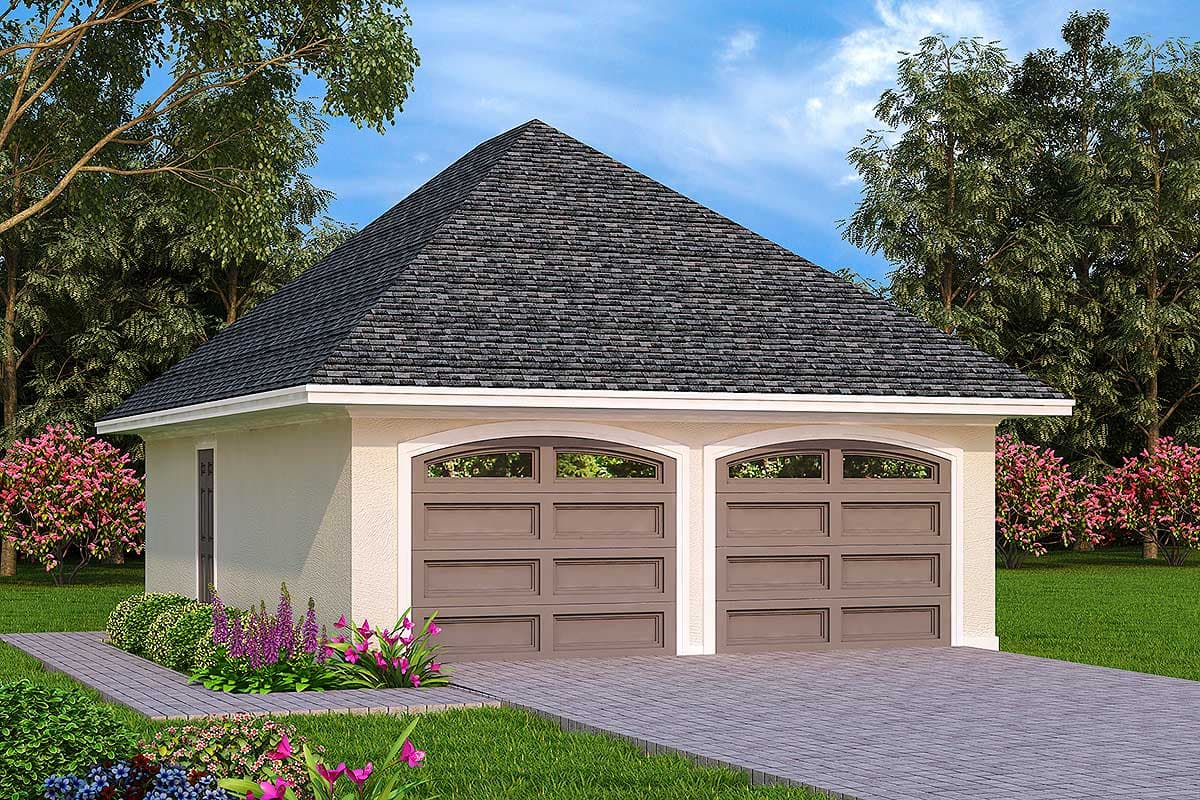House plan exterior. Two-car garage with gabled roof, arched top garage doors, and a small side entry door.