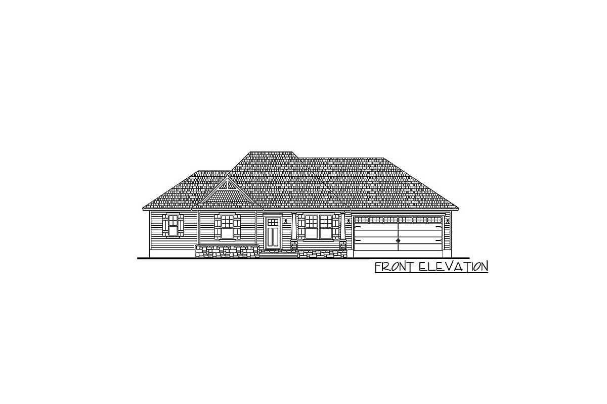 Front elevation house plan with gabled dormer, porch, and two-car garage.