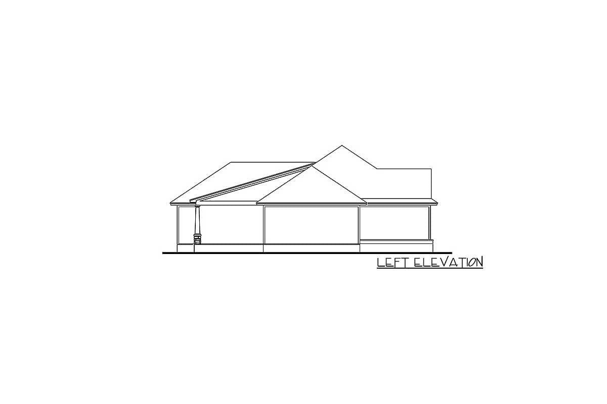 Left elevation drawing of a single-story house plan with a prominent wrap-around porch and varied rooflines.