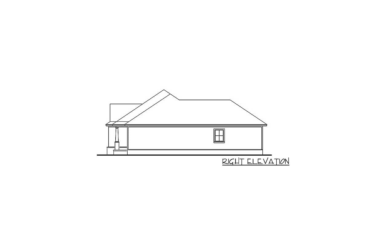 Right elevation drawing of a house plan with a covered porch and a single window.