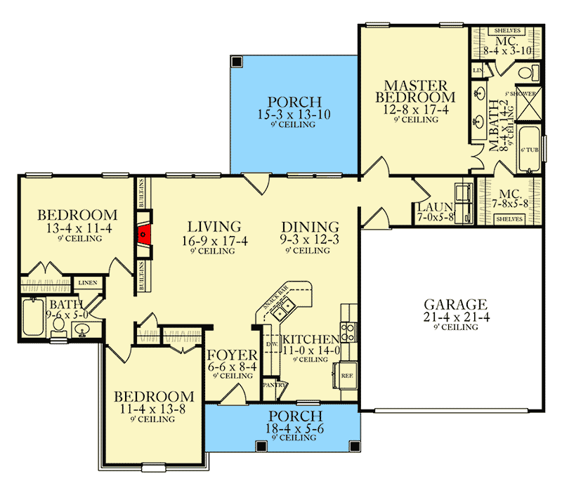 Plan 62147V: Split Bedroom Southern Ranch Home Plan - Floor Plan - Main Level - Cottage, Country, Ranch, Southern, Traditional