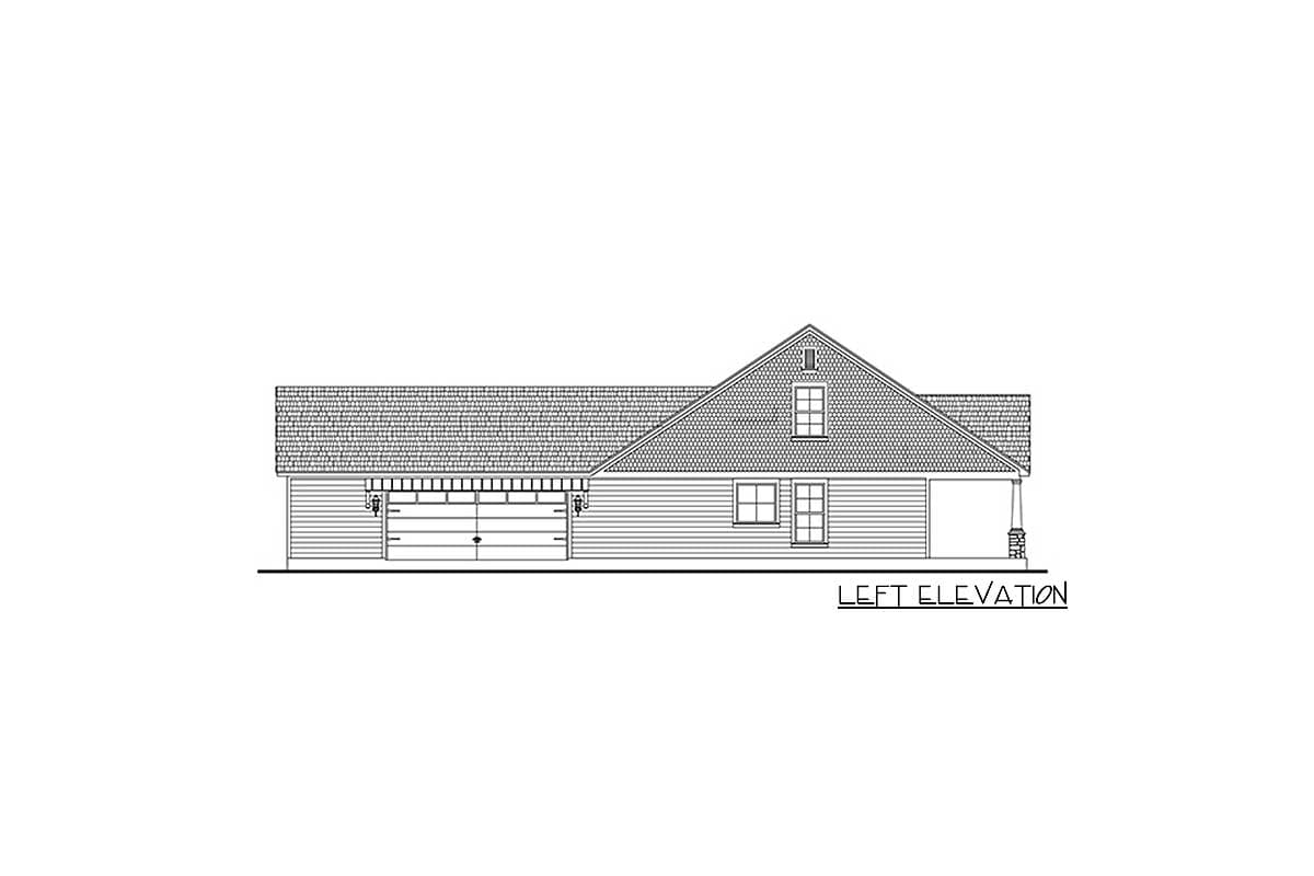 Left elevation drawing of a house with a gable roof, dormer, two-car garage, and covered porch.