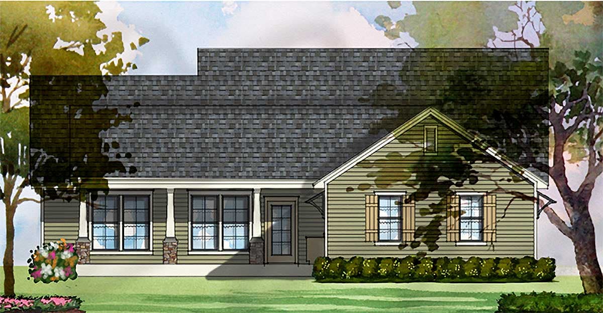 House plan exterior: One-story ranch with covered front porch supported by stone-clad columns, gable with dormer, and horizontal siding.