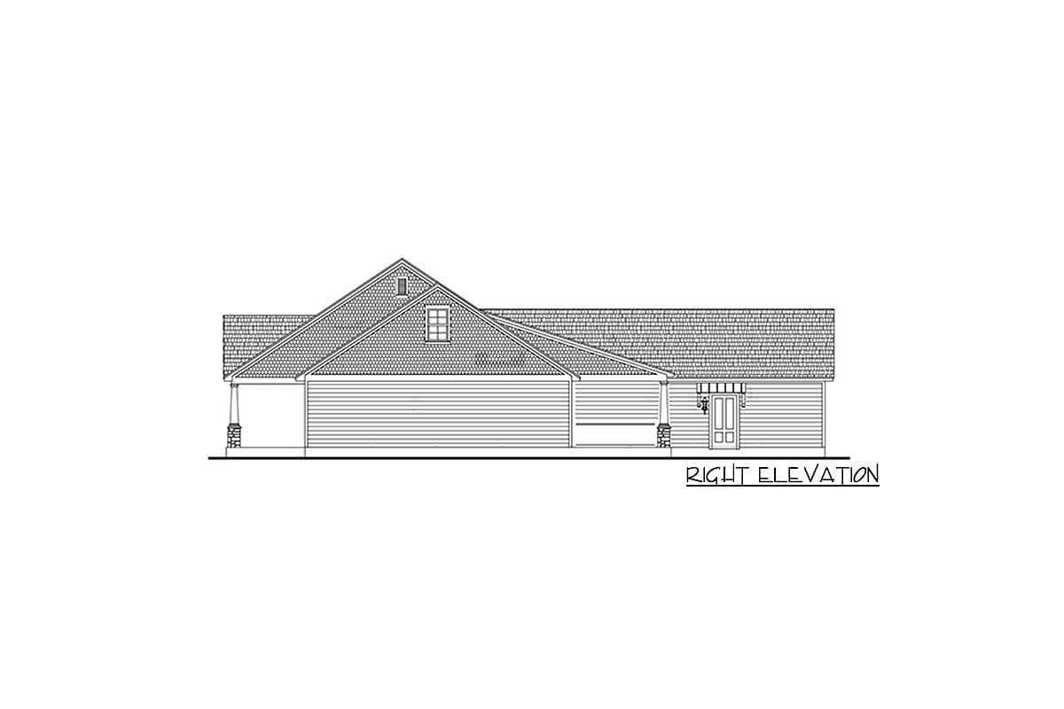 Right elevation drawing of a house plan, showing a gabled dormer, covered porch, and double garage door.