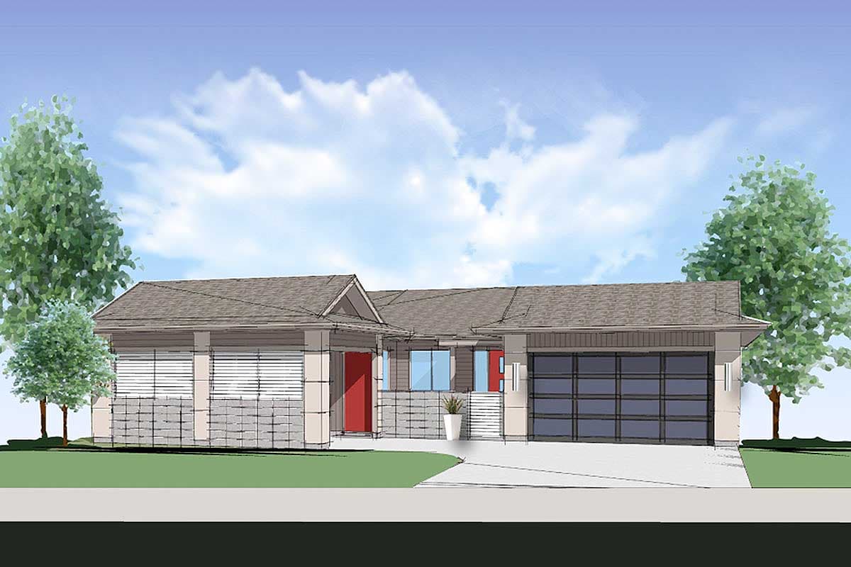 House plan exterior. Single-story home with a gabled roof, garage, and covered entryway. Features include a red front door and decorative columns.