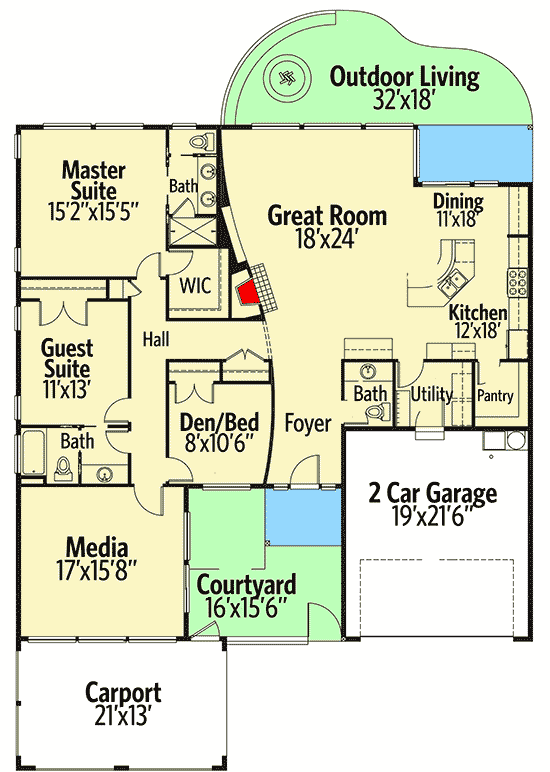 Plan 737017LVL: One Story California Bungalow - Floor Plan - Main Level - Bungalow, Ranch