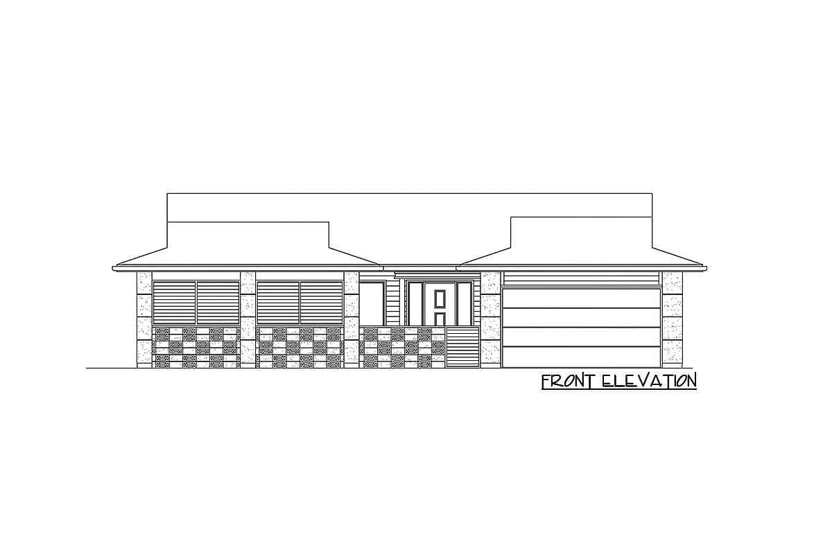 Front elevation drawing of a single-story house with a central entryway, multiple windows, and an attached garage.