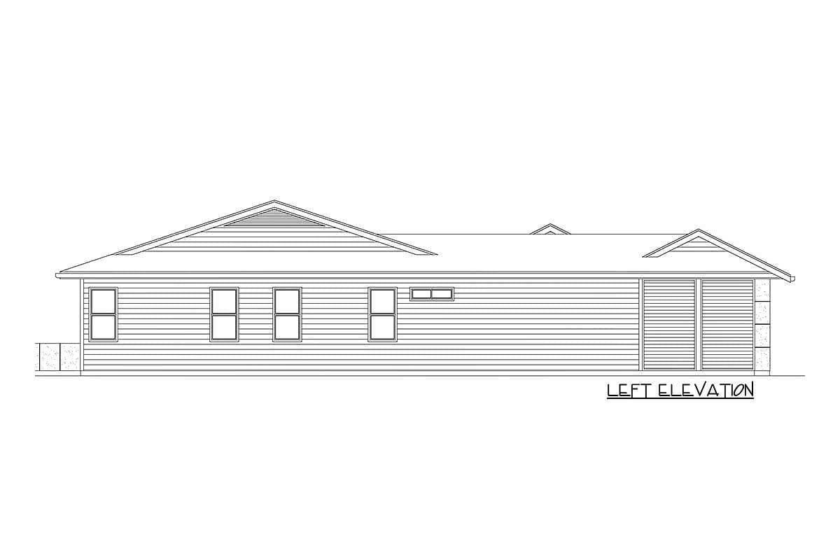 Left elevation of a house plan showing a single story with gabled roof, horizontal siding, and garage door.