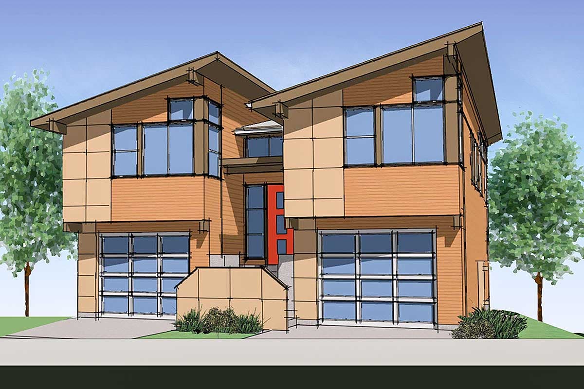 House plan exterior. Two-story Modern house with shed roof, two-car garage, and large windows. Includes wood siding and a red front door.
