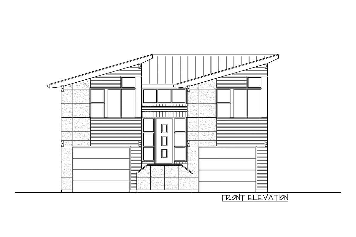 Front elevation drawing of a two-story house plan with a modern asymmetrical roofline, two garage doors, and varied window patterns.