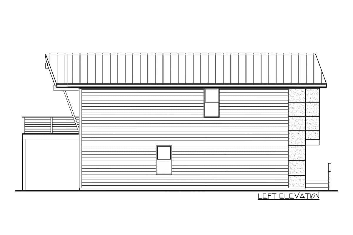 Left elevation house plan with horizontal siding, two windows, a metal roof, and a deck.