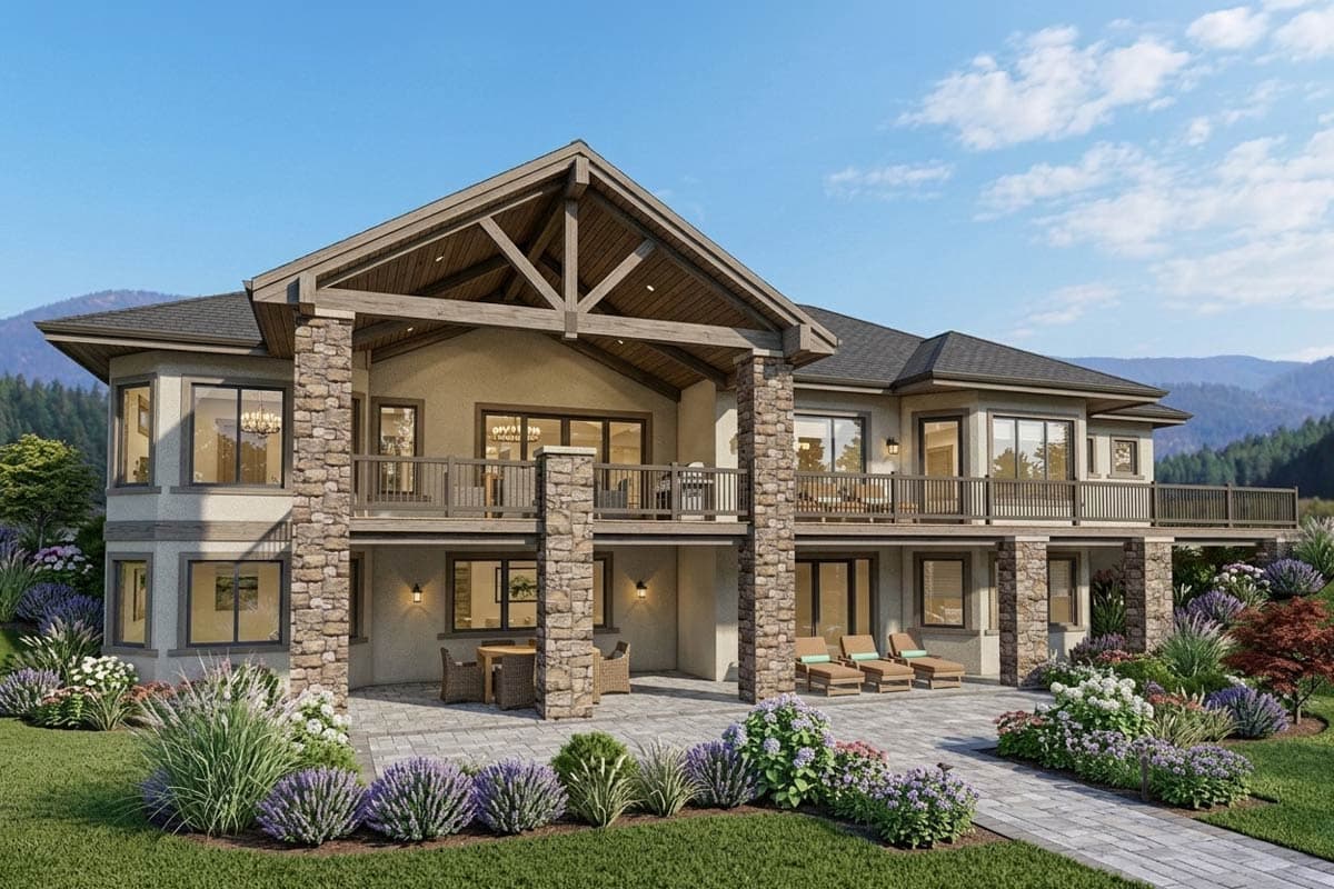 House plan exterior: Two-story dwelling with prominent stone accents, covered balconies, exposed timber framing, and multiple gables.
