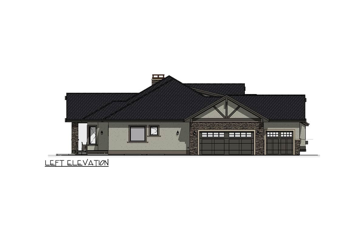 Left elevation of a single-story house plan with a dark shingle roof, stone accents, and a three-car garage.