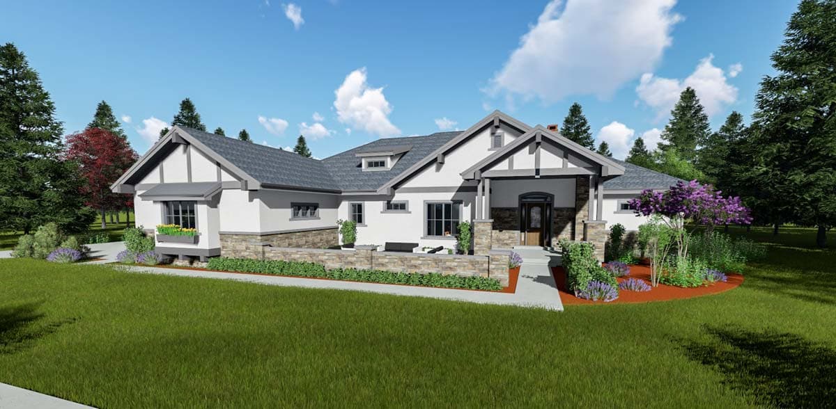 House plan exterior. One-story Craftsman style home with gabled roof, stone accents, and covered front porch with columns.