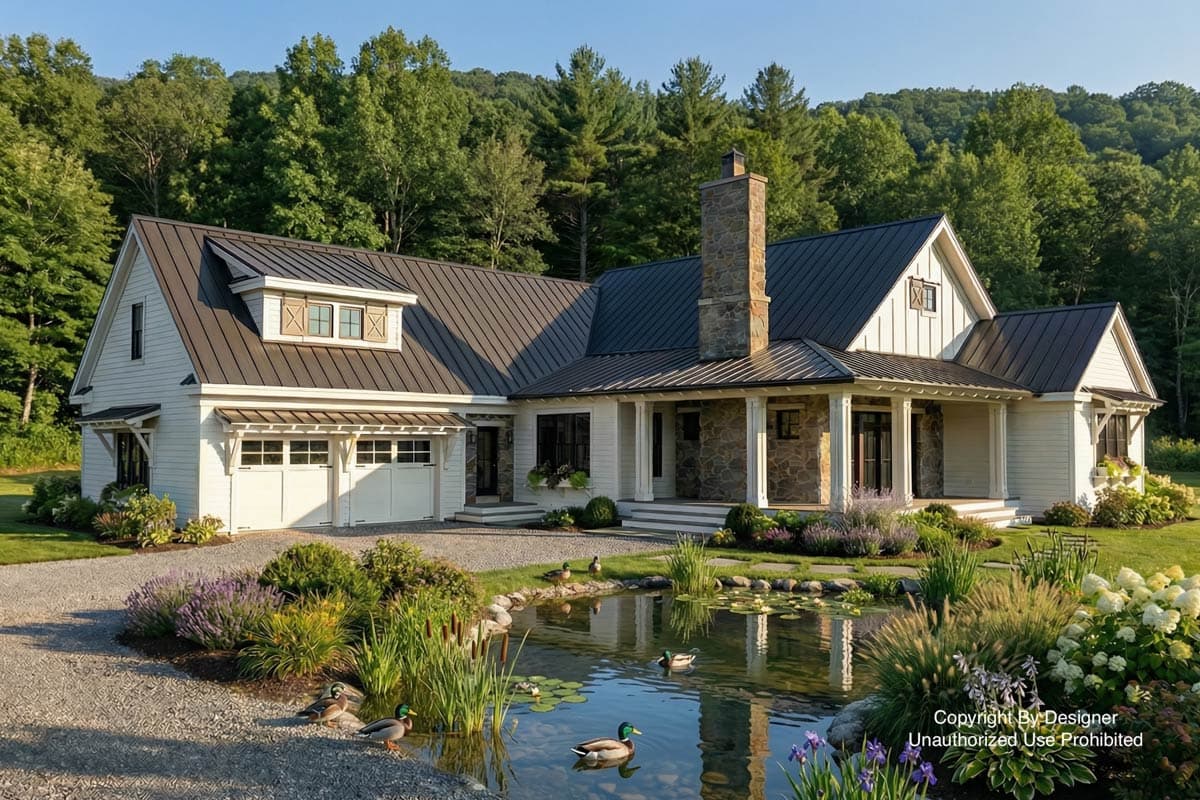 A white farmhouse with a dark roof and stone chimney sits near a pond with ducks. Lush landscaping surrounds the home with trees in the background.