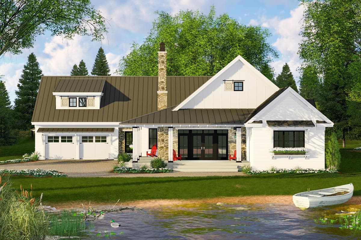 House plan exterior: Modern Farmhouse style, two stories, metal roof, dormer, stone chimney, attached garage.